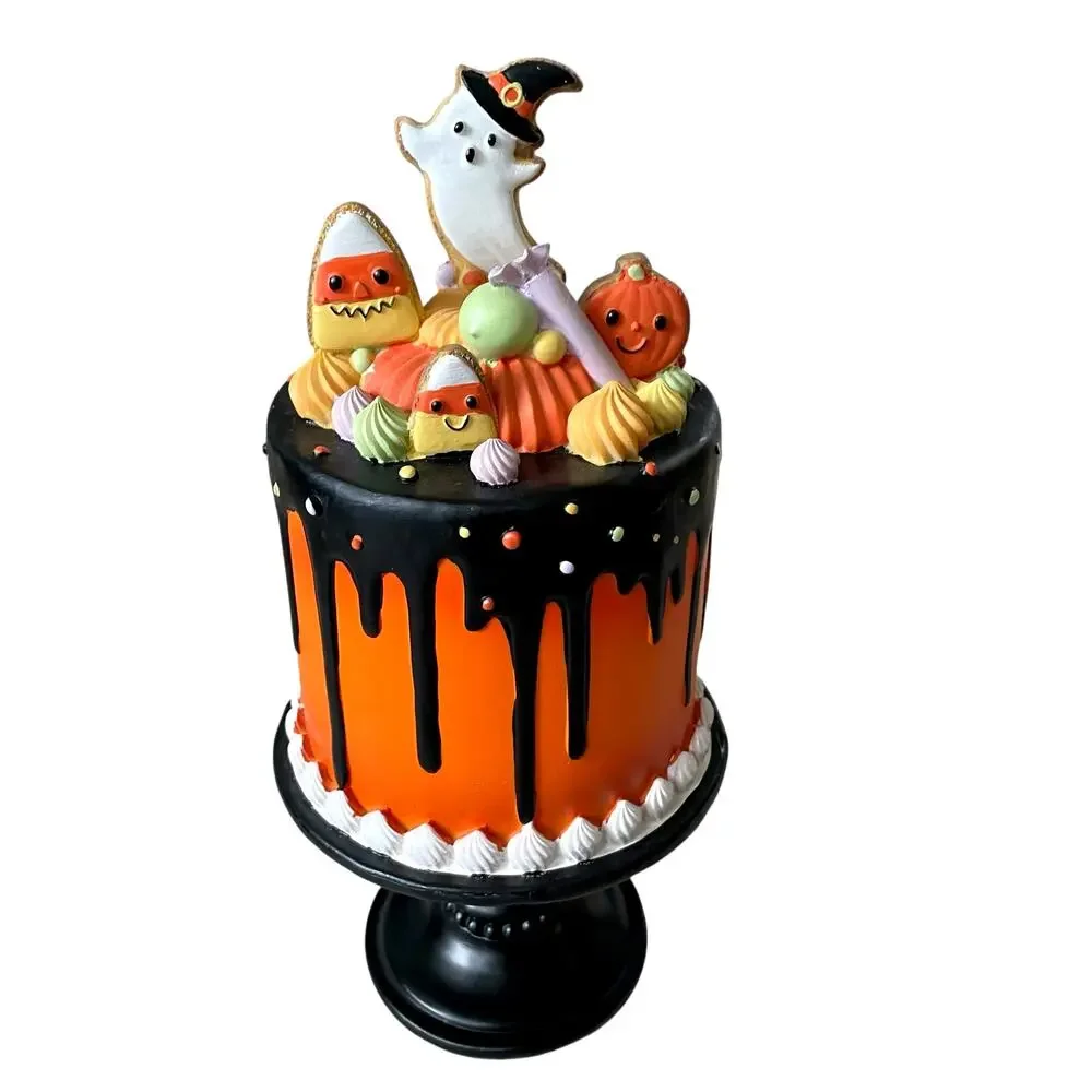 Ghoulish Halloween Candy Corn Ghost Cake Decor 13in Resin Black & Orange NEW
